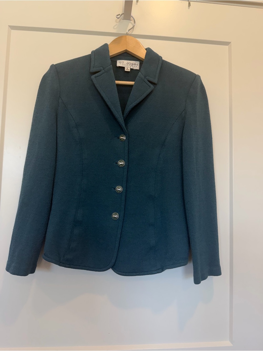 Vtg St John Collection Teal Blue Santana Knit Blazer Jacket Old Money Preppy 6